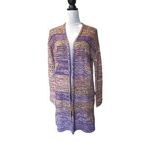 GAP Petite Striped Open Front Long Cardigan Sweater Purple Gold Size S